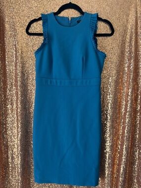 Ann Taylor Teal Midi Sheath Dress with Ruffle Sleeves